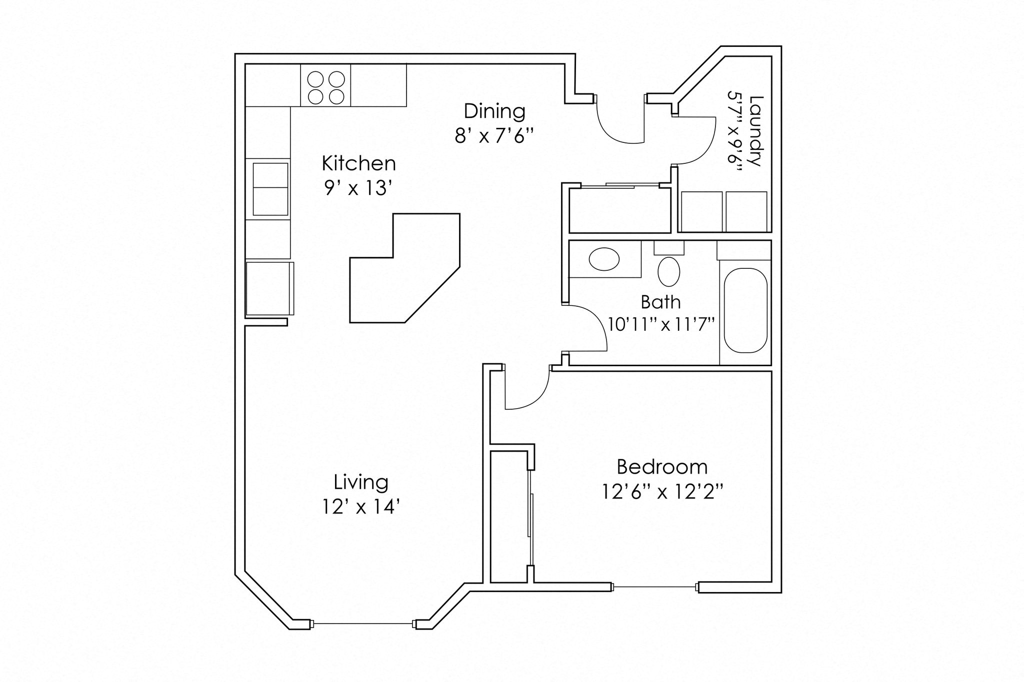Floor plan for 1 bed, 1 bath, 819 sqft
